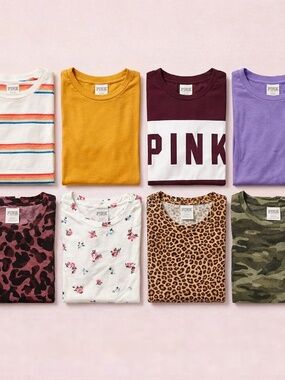 PINK by Victoria's Secret Graphic & Striped T-Shirts Bundle of 7 Size Large